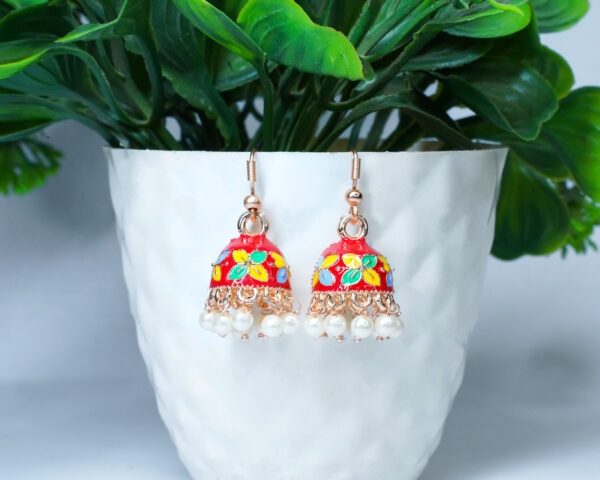 Red Dome Shaped Beaded Meenakari Jhumkas - Image 2