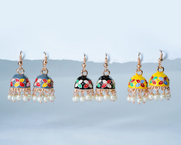 Dome Shaped Beaded Meenakari Jhumkas - Image 3