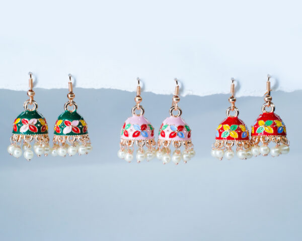 Dome Shaped Beaded Meenakari Jhumkas - Image 4